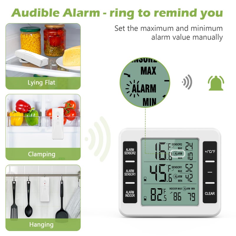 KeeKit Refrigerator Thermometer, Indoor Outdoor Thermometer with 2 Sensors, Wireless Digital Freezer Thermometer with Audible Alarm Temperature Gauge, Min/Max Record for Home, Kitchen â€“ White - Image 3